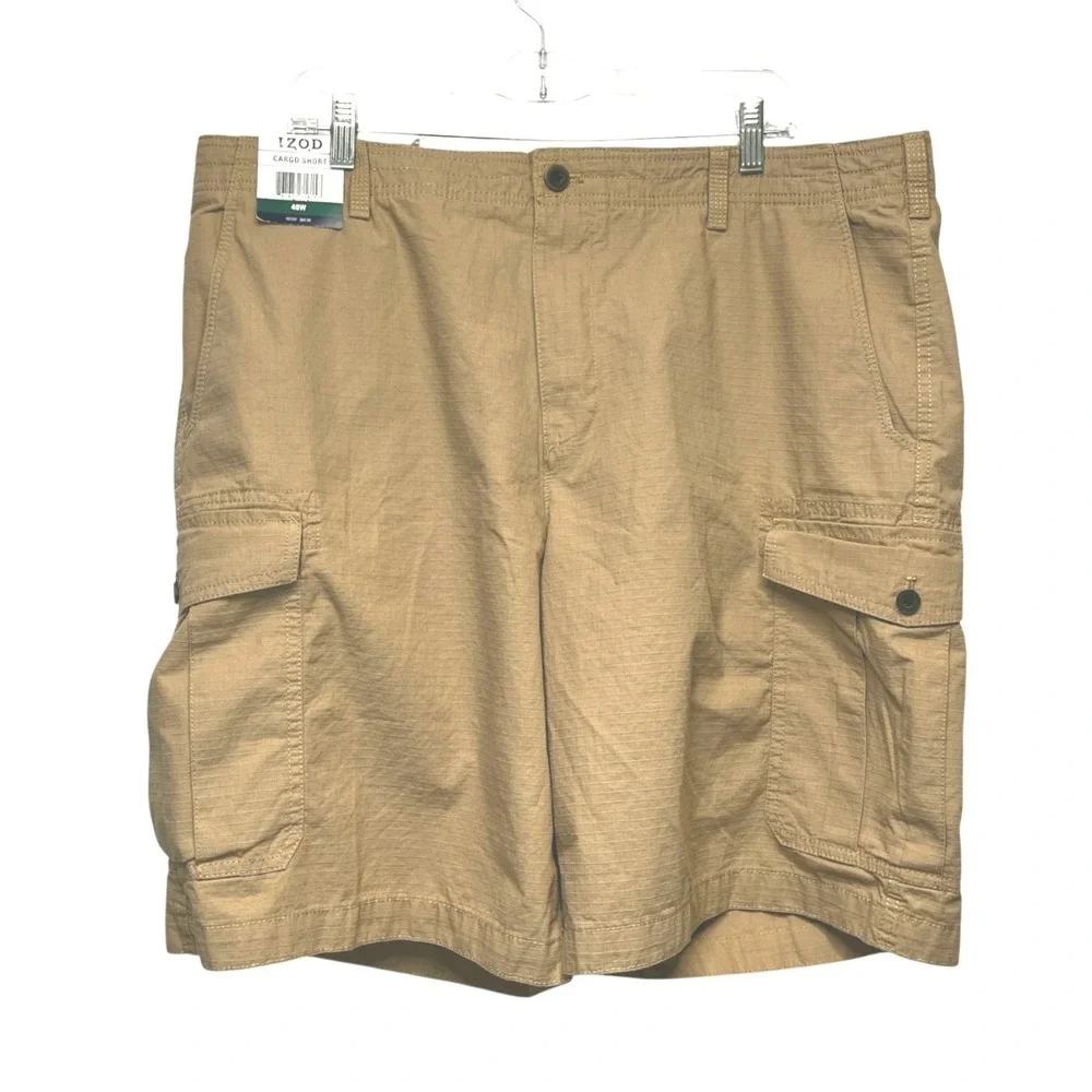 IZOD Saltwater‎ Mens Cargo Shorts Khaki Tan Ripstop Cotton 40W 45CS182 NEW